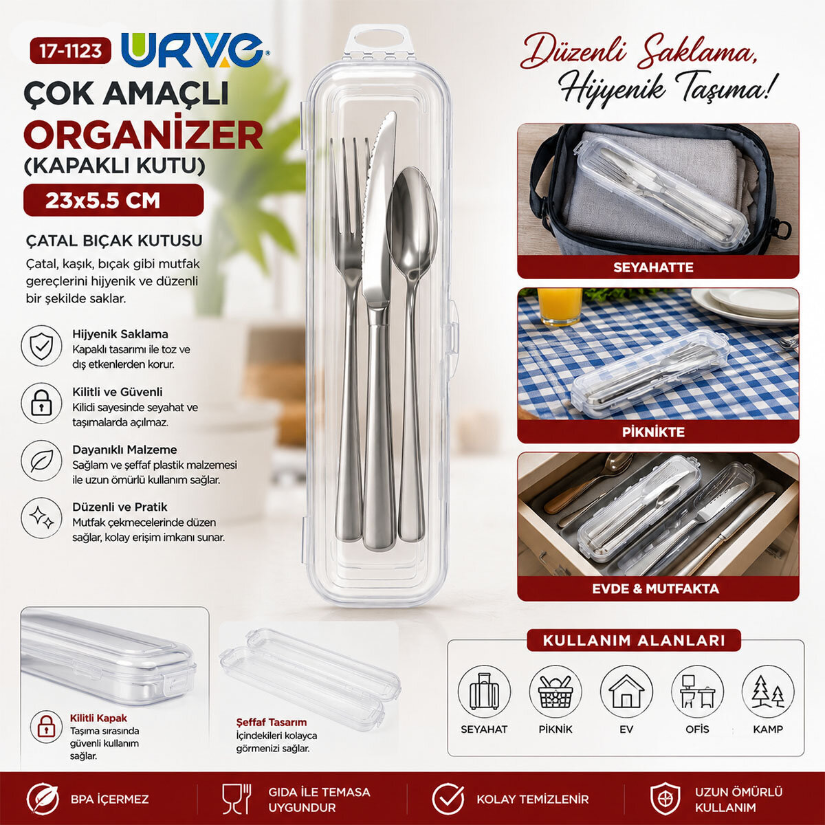URVE UR-3579 ( ŞEFFAF PLASTİK ) ÇOK AMAÇLI ORGANİZER ( KAPAKLI KUTU ) (23X5.5CM) ÇATAL BIÇAK KUTUSU*12=K URVE UR-3579 ( ŞEFFAF PLASTİK ) ÇOK AMAÇLI ORGANİZER ( KAPAKLI KUTU ) (23X5.5CM) ÇATAL BIÇAK KUTUSU*12=K