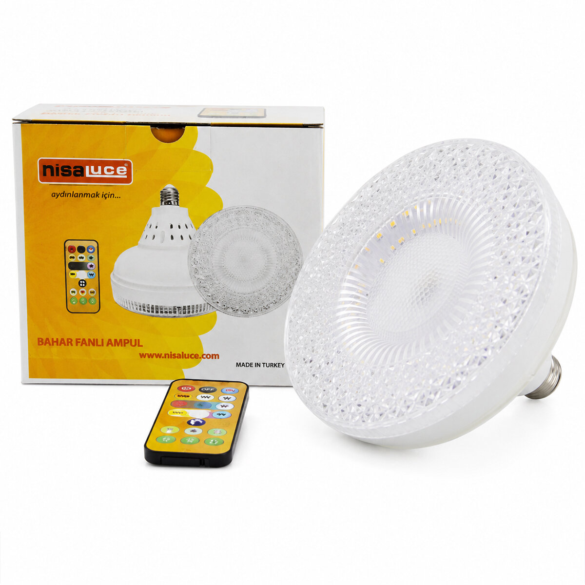 NİSALUCE E-112 ( TAVAN ) ( 28W & IP20 & 2520LM ) ( KUMANDALI & 3 KADEMELİ & 3 FONKSİYON ) ( 38X15CM ) BAHAR FANLI VANTİLATÖR AMPUL ( BEYAZ-SARI-DOĞAL IŞIK )*24
