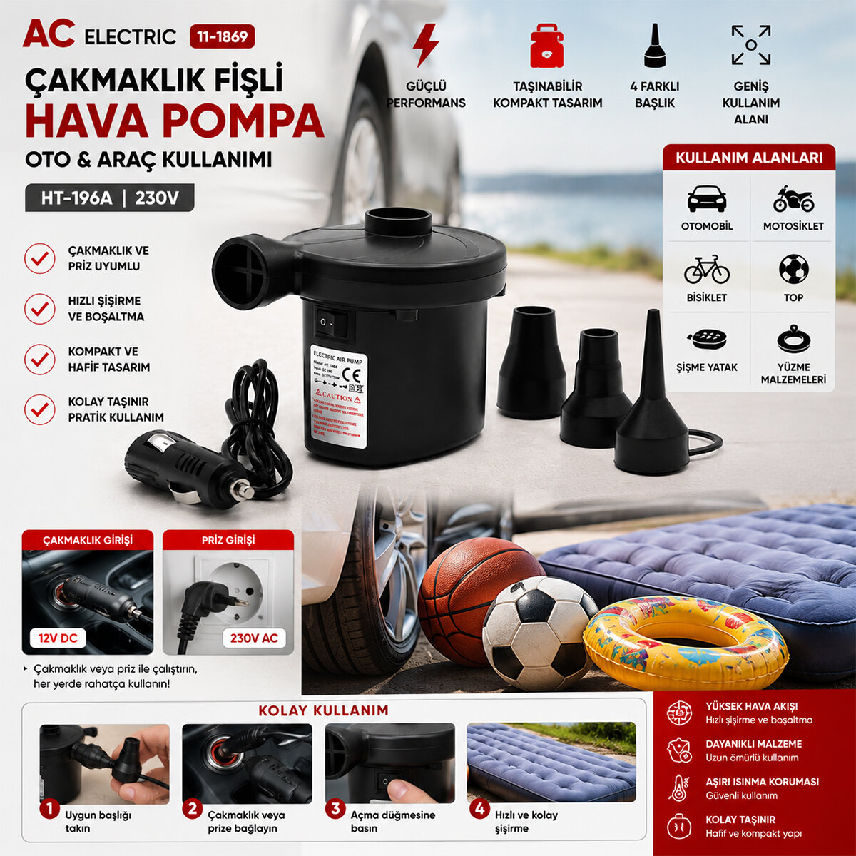 AC ELECTRİC HT-196A ÇAKMAKLIK FİŞLİ OTO & ARAÇ HAVA POMPA ( TAŞINABİLİR ) 230V*24