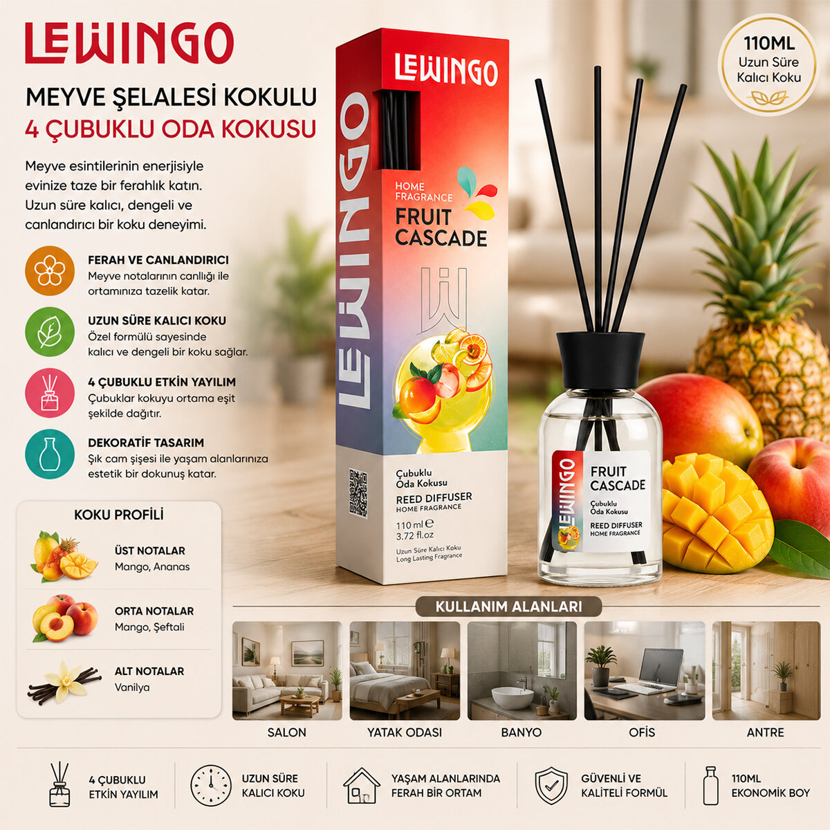 LEWİNGO ( 110ML ) ( FRUIT CASCADE ) BAMBU ORTAM KOKUSU ( CAM ŞİŞE )*24=K