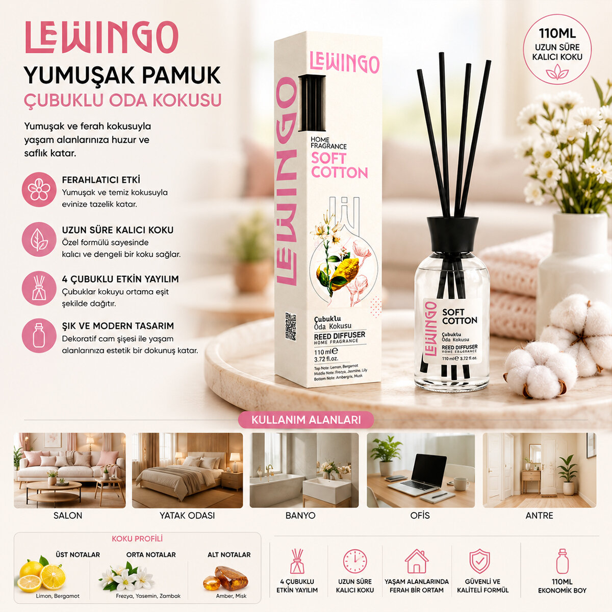 LEWİNGO ( 110ML ) ( SOFT COTTON ) BAMBU ORTAM KOKUSU ( CAM ŞİŞE )*24=K