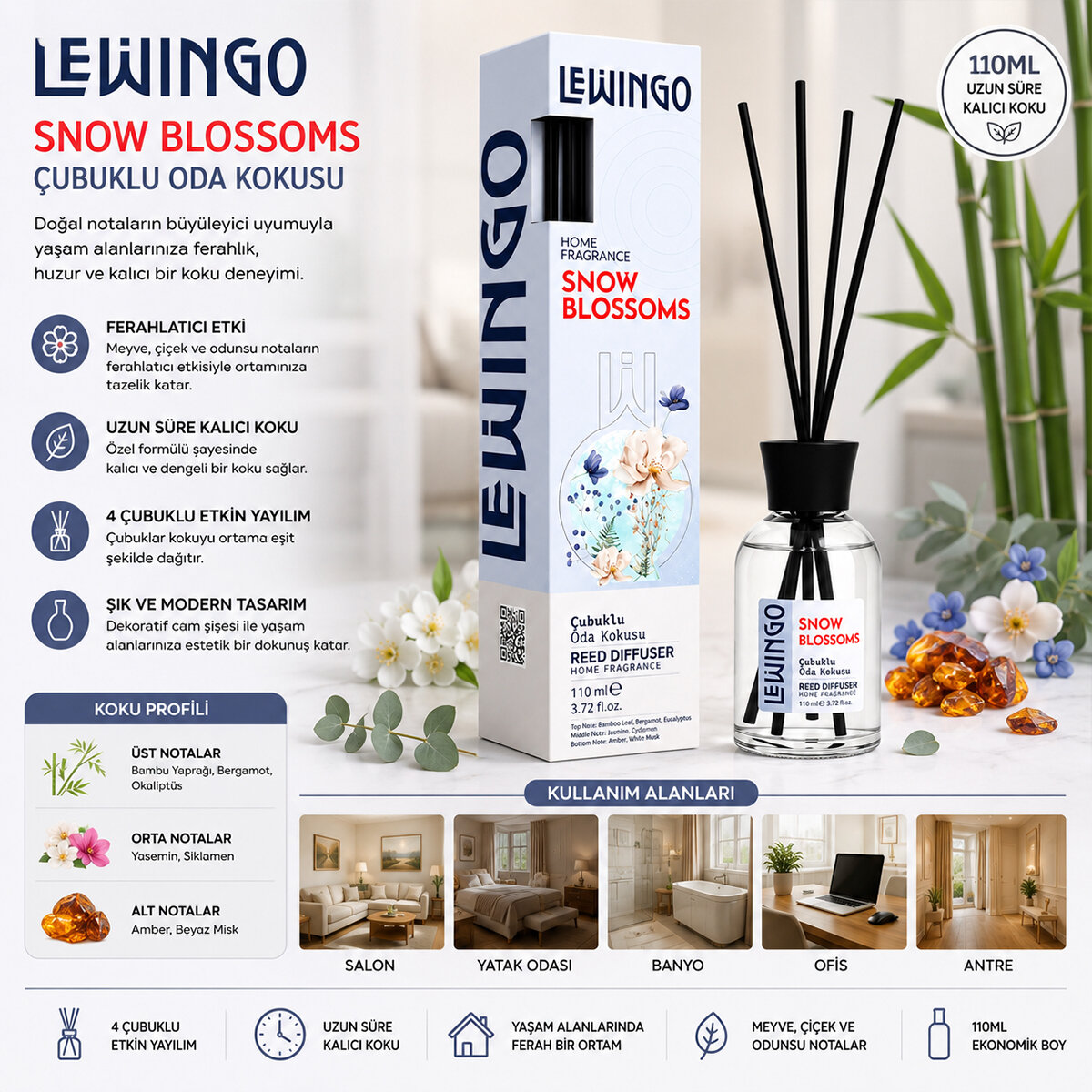 LEWİNGO ( 110ML ) ( SNOW BLOSSOMS ) BAMBU ORTAM KOKUSU ( CAM ŞİŞE )*24=K