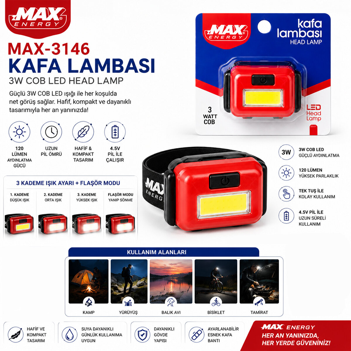 ZMAX ENERGY MAX-3146 ( PİLLİ ) ( 3W COB LED ) KAFA LAMBASI FENER ( 3-KADEME IŞIK AYARI- FLAŞÖR) ( 4.5V ) ( 120LÜMEN)*12X30