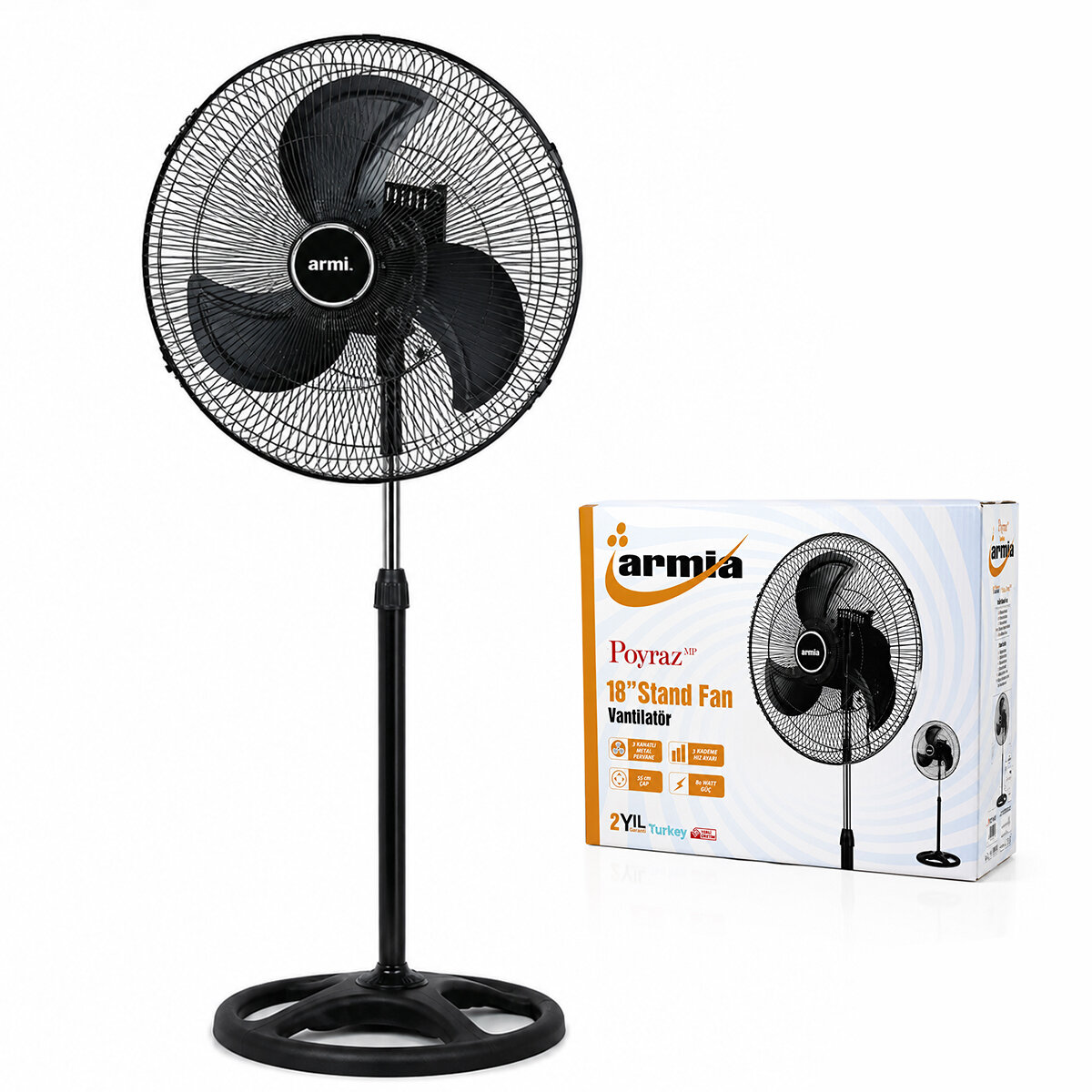ARMİA (18" İNÇ ) SANAYİ VANTİLATÖR ( 3 METAL KANAT: ÇAP:56CM & Y: 140CM & 3 KADEME HIZ ) ( 80W )*1