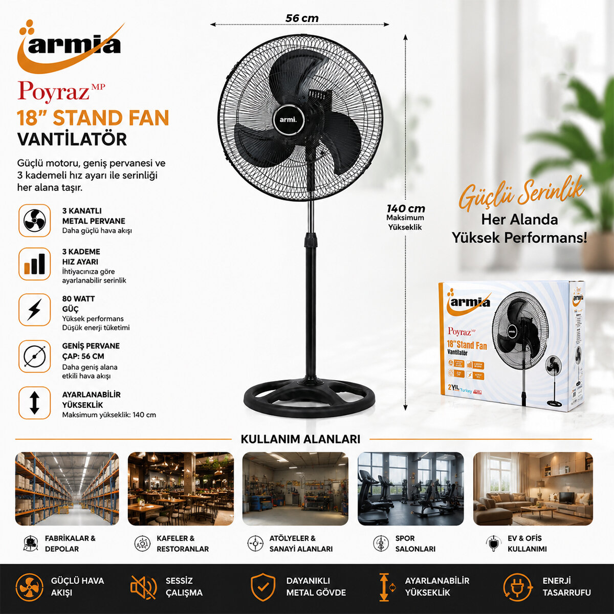 ARMİA (18" İNÇ ) SANAYİ VANTİLATÖR ( 3 METAL KANAT: ÇAP:56CM & Y: 140CM & 3 KADEME HIZ ) ( 80W )*1 ARMİA (18" İNÇ ) SANAYİ VANTİLATÖR ( 3 METAL KANAT: ÇAP:56CM & Y: 140CM & 3 KADEME HIZ ) ( 80W )*1
