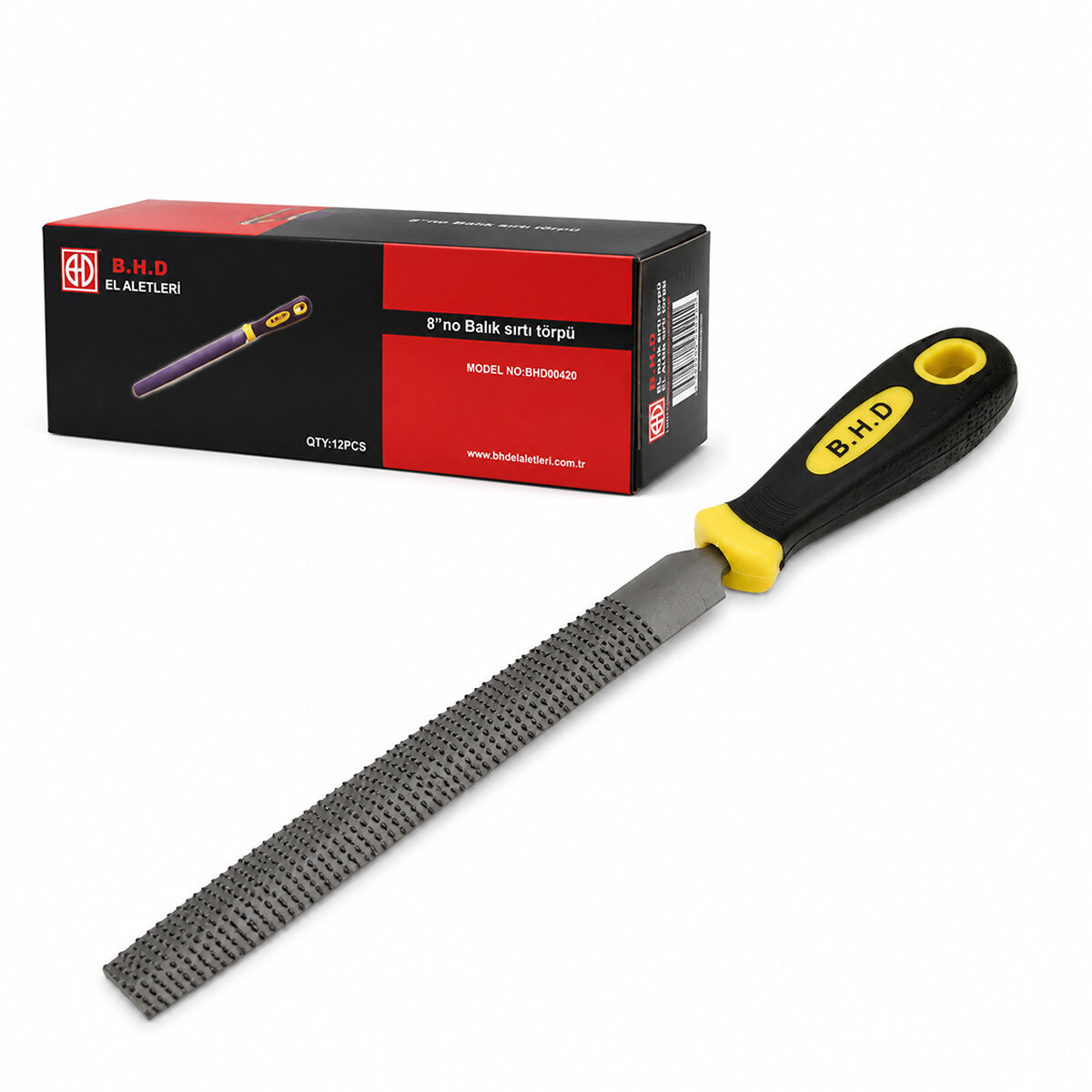 BHD-00420 ( 8" İNC ) ( BALIK SIRTI ) AĞAÇ & METAL TÖRPÜSÜ ( METAL EĞE ) ( KAUÇUK PLASTİK SAPLI )*12X6