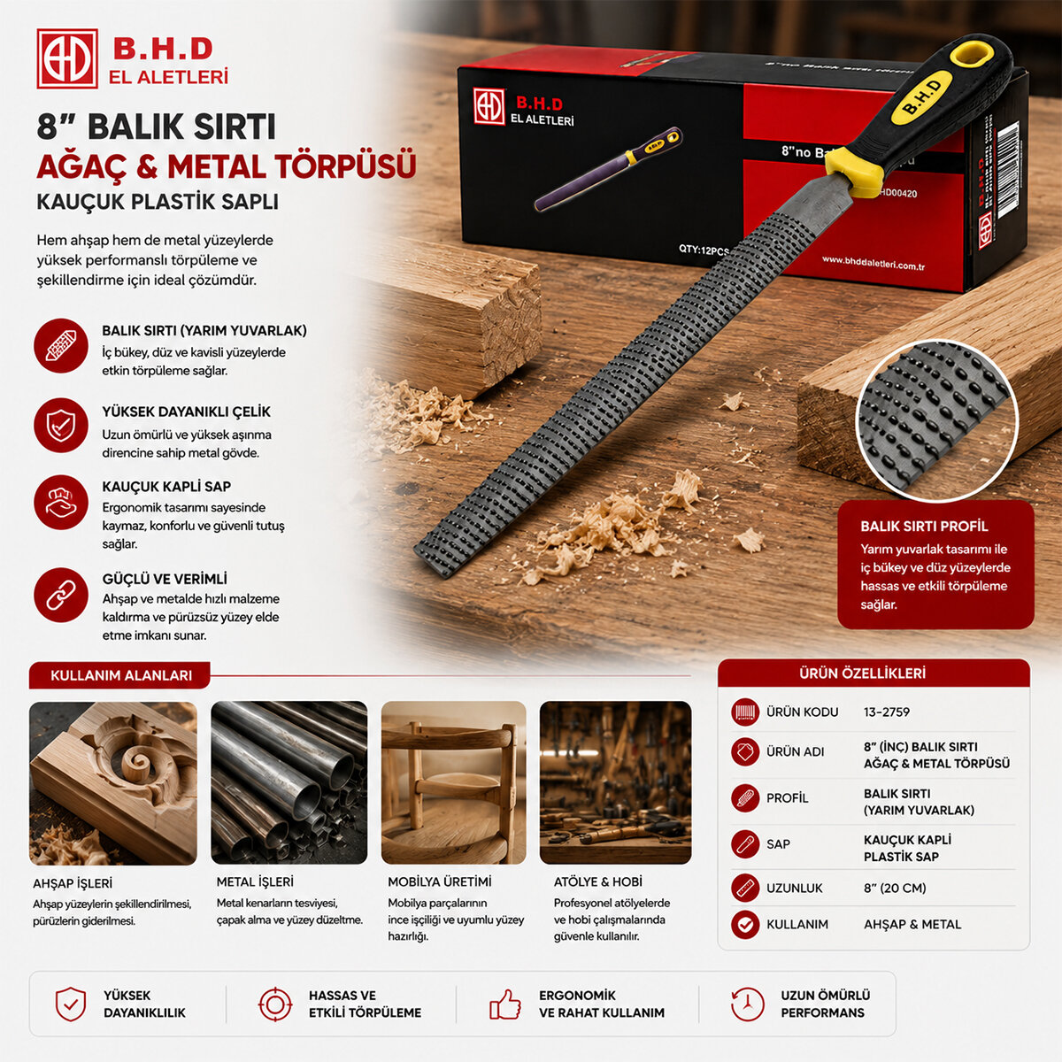 BHD-00420 ( 8" İNC ) ( BALIK SIRTI ) AĞAÇ & METAL TÖRPÜSÜ ( METAL EĞE ) ( KAUÇUK PLASTİK SAPLI )*12X6