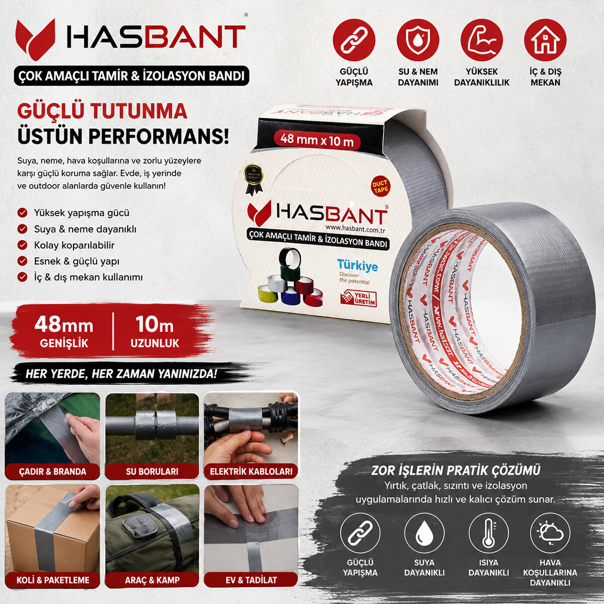 HASBANT HAS-0076 ( GRİ ) TEKLİ ÇADIR & TAMİR BANTI 48MMX10M*72 HASBANT HAS-0076 ( GRİ ) TEKLİ ÇADIR & TAMİR BANTI 48MMX10M*72