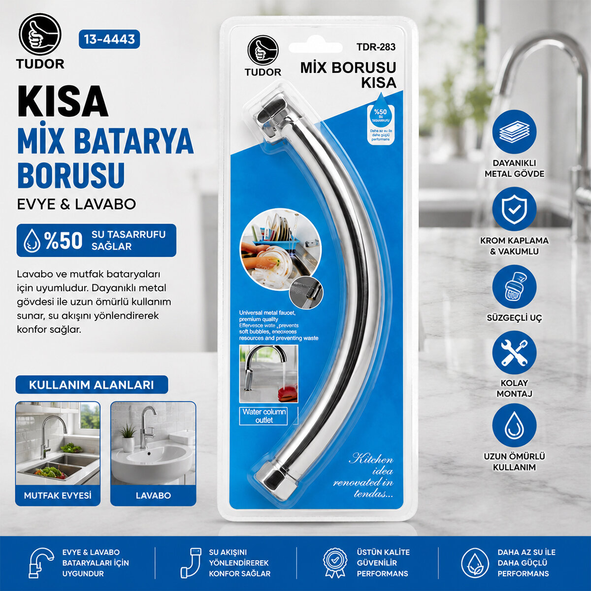 TUDOR TDR-283 ( KUĞU ) ( EVYE & LAVABO ) KISA MİX BATARYA BORUSU ( KROM KAPLAMA & VAKUMLU & SÜZGEÇLİ UÇ)*100