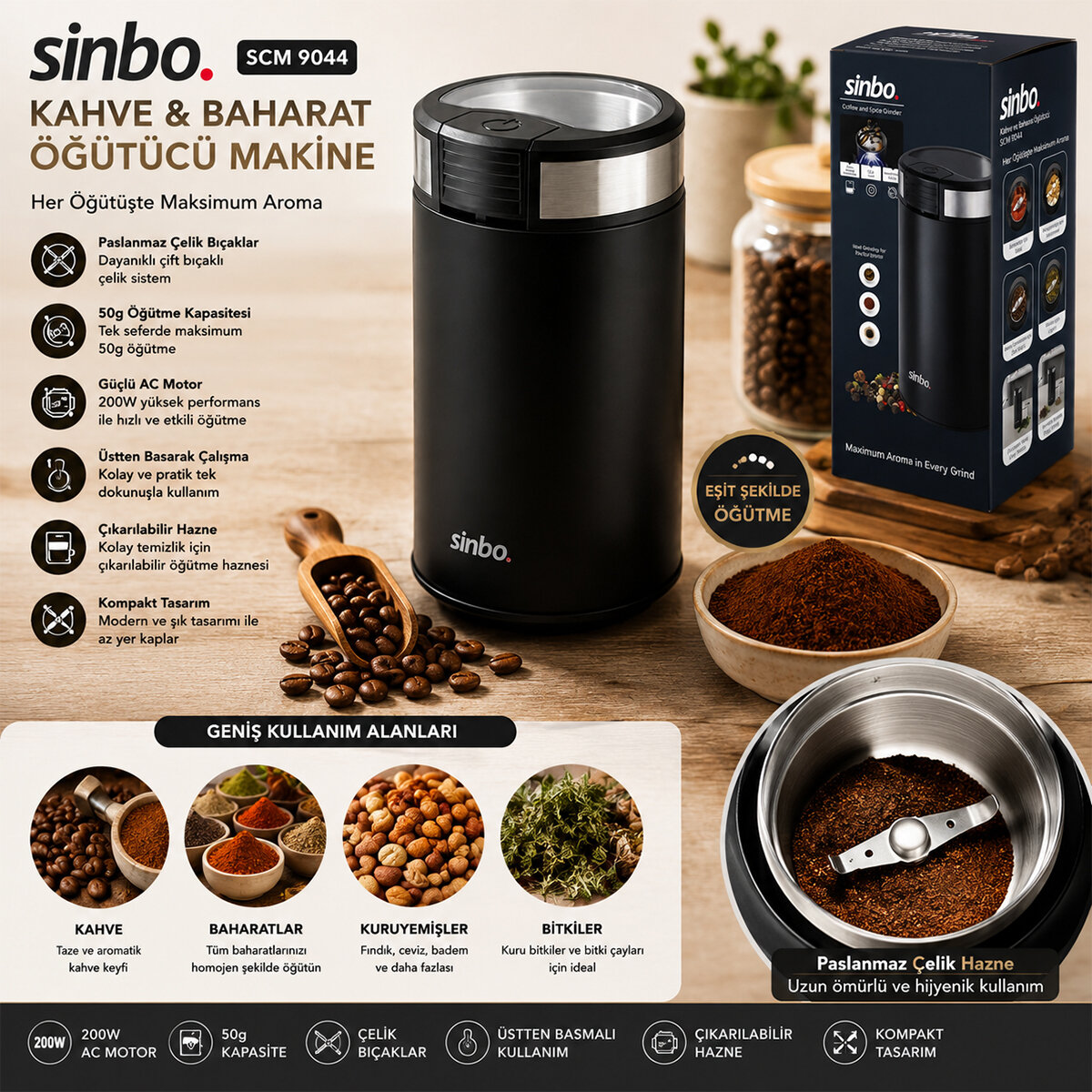 SİNBO SCM-9044 KAHVE & BAHARAT ÖĞÜTÜCÜ MAKİNE ( 2 BIÇAKLI ÇELİK ÖĞÜTME HAZNESİ ) ( 50GR ÖĞÜTME ) ( AC MOTOR=200W )*20 SİNBO SCM-9044 KAHVE & BAHARAT ÖĞÜTÜCÜ MAKİNE ( 2 BIÇAKLI ÇELİK ÖĞÜTME HAZNESİ ) ( 50GR ÖĞÜTME ) ( AC MOTOR=200W )*20