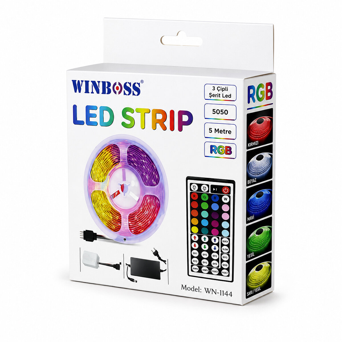 WINNBOSS STRIP LIGHT WN-1144 ( 3ÇİP & 5MT ) RGB ( KUMANDALI ) ŞERİT LED ( 5050 SMD TYPE & 54 LED s/m )*60 WINNBOSS STRIP LIGHT WN-1144 ( 3ÇİP & 5MT ) RGB ( KUMANDALI ) ŞERİT LED ( 5050 SMD TYPE & 54 LED s/m )*60