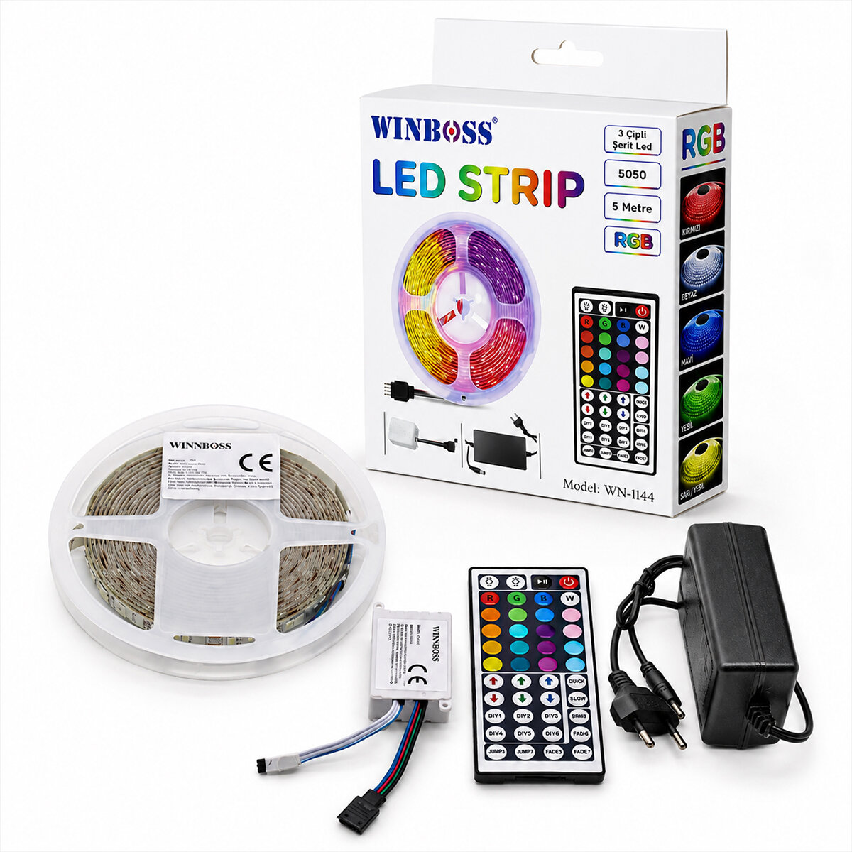 WINNBOSS STRIP LIGHT WN-1144 ( 3ÇİP & 5MT ) RGB ( KUMANDALI ) ŞERİT LED ( 5050 SMD TYPE & 54 LED s/m )*60 WINNBOSS STRIP LIGHT WN-1144 ( 3ÇİP & 5MT ) RGB ( KUMANDALI ) ŞERİT LED ( 5050 SMD TYPE & 54 LED s/m )*60