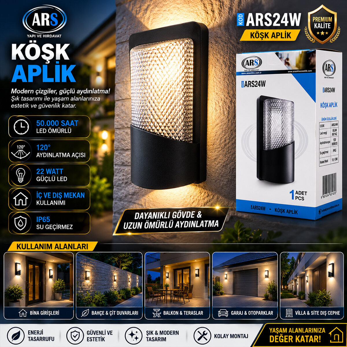 ARS-348955 ( IP66 ) ( 50.000 SAAT LED ÖMRÜ ) ( 22W ) KÖŞK LED APLİK DUVAR LAMBASI*30 ARS-348955 ( IP66 ) ( 50.000 SAAT LED ÖMRÜ ) ( 22W ) KÖŞK LED APLİK DUVAR LAMBASI*30