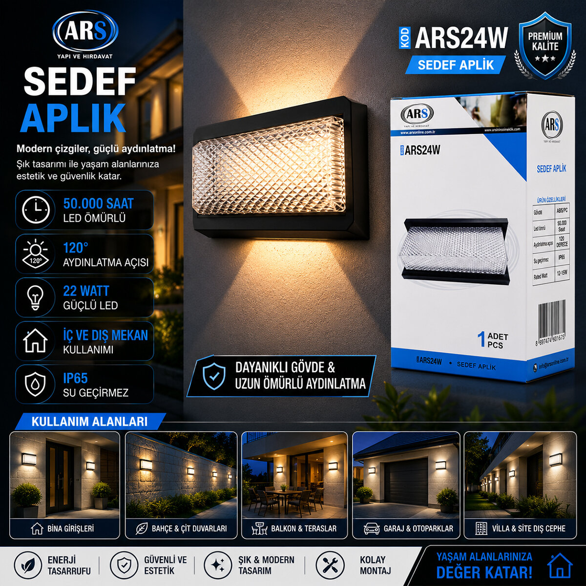 ARS-348953 ( IP66 ) ( 50.000 SAAT LED ÖMRÜ ) ( 22W ) SEDEF LED APLİK DUVAR LAMBASI*30 ARS-348953 ( IP66 ) ( 50.000 SAAT LED ÖMRÜ ) ( 22W ) SEDEF LED APLİK DUVAR LAMBASI*30