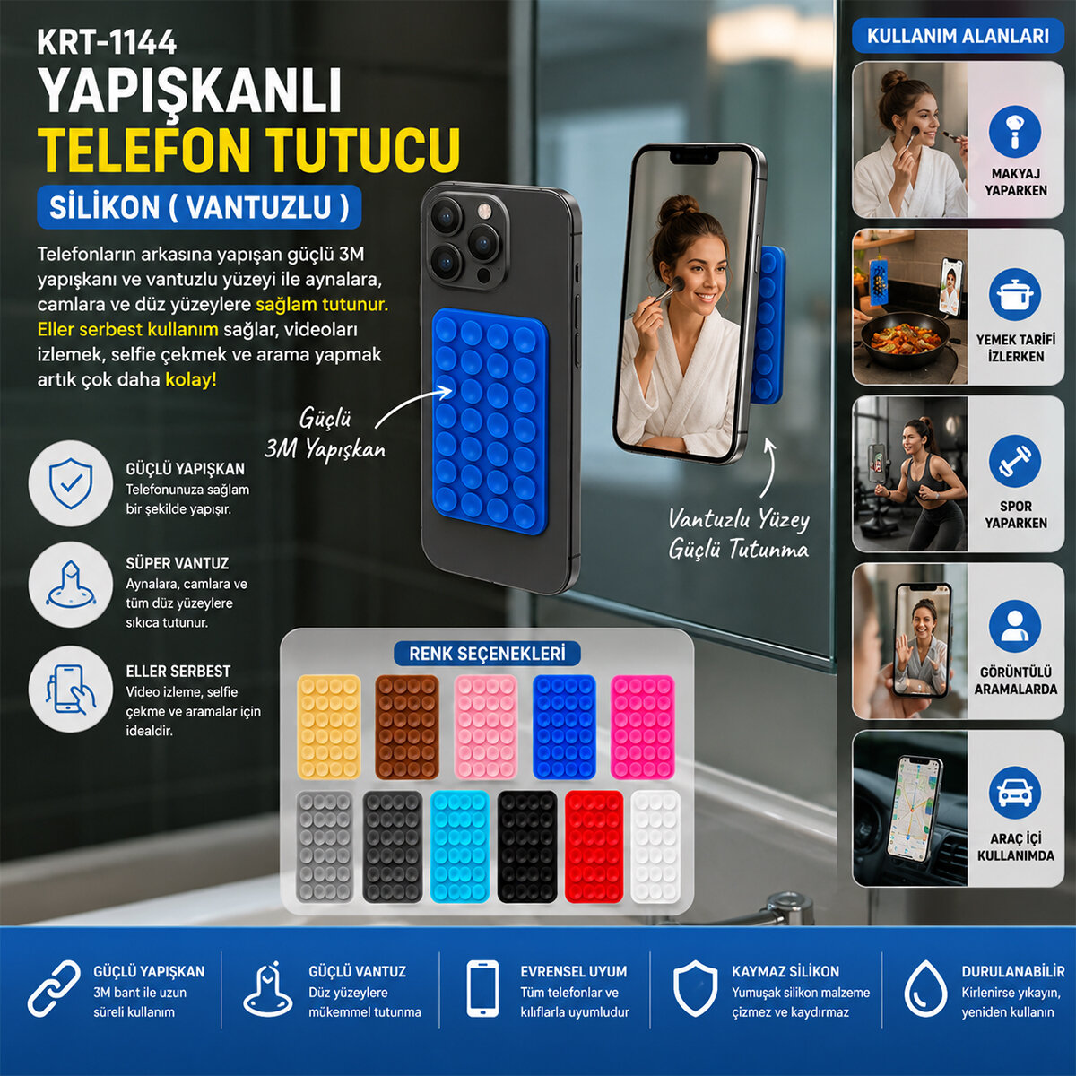KRT-1144 YAPIŞKANLI TELEFON TUTUCU RENKLİ SİLİKON ( VANTUZLU )*50X40 KRT-1144 YAPIŞKANLI TELEFON TUTUCU RENKLİ SİLİKON ( VANTUZLU )*50X40