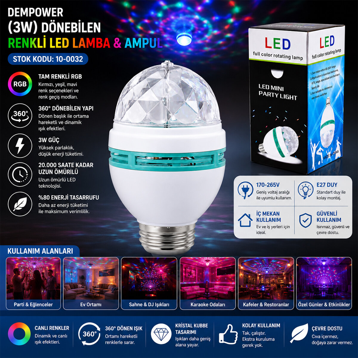 DEMPOWER DP-269 ( 3W ) DÖNEBİLEN ( DİSKO ) RENKLİ LED LAMBA & AMPUL ( TAM RENKLİ ) ( 170-265V )*100 DEMPOWER DP-269 ( 3W ) DÖNEBİLEN ( DİSKO ) RENKLİ LED LAMBA & AMPUL ( TAM RENKLİ ) ( 170-265V )*100