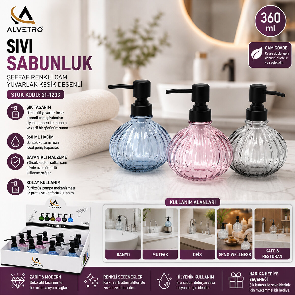 ALVETRO ALV-02 ( ŞEFFAF RENKLİ CAM ) SIVI SABUNLUK ( 360ML ) ( YUVARLAK KESİK DESENLİ )*12X4 ALVETRO ALV-02 ( ŞEFFAF RENKLİ CAM ) SIVI SABUNLUK ( 360ML ) ( YUVARLAK KESİK DESENLİ )*12X4