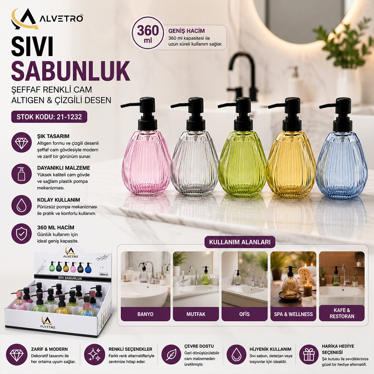 ALVETRO ALV-03 ( ŞEFFAF RENKLİ CAM ) SIVI SABUNLUK ( 360ML ) ( ALTIGEN & ÇİZGİLİ DESEN )*12X4 ALVETRO ALV-03 ( ŞEFFAF RENKLİ CAM ) SIVI SABUNLUK ( 360ML ) ( ALTIGEN & ÇİZGİLİ DESEN )*12X4