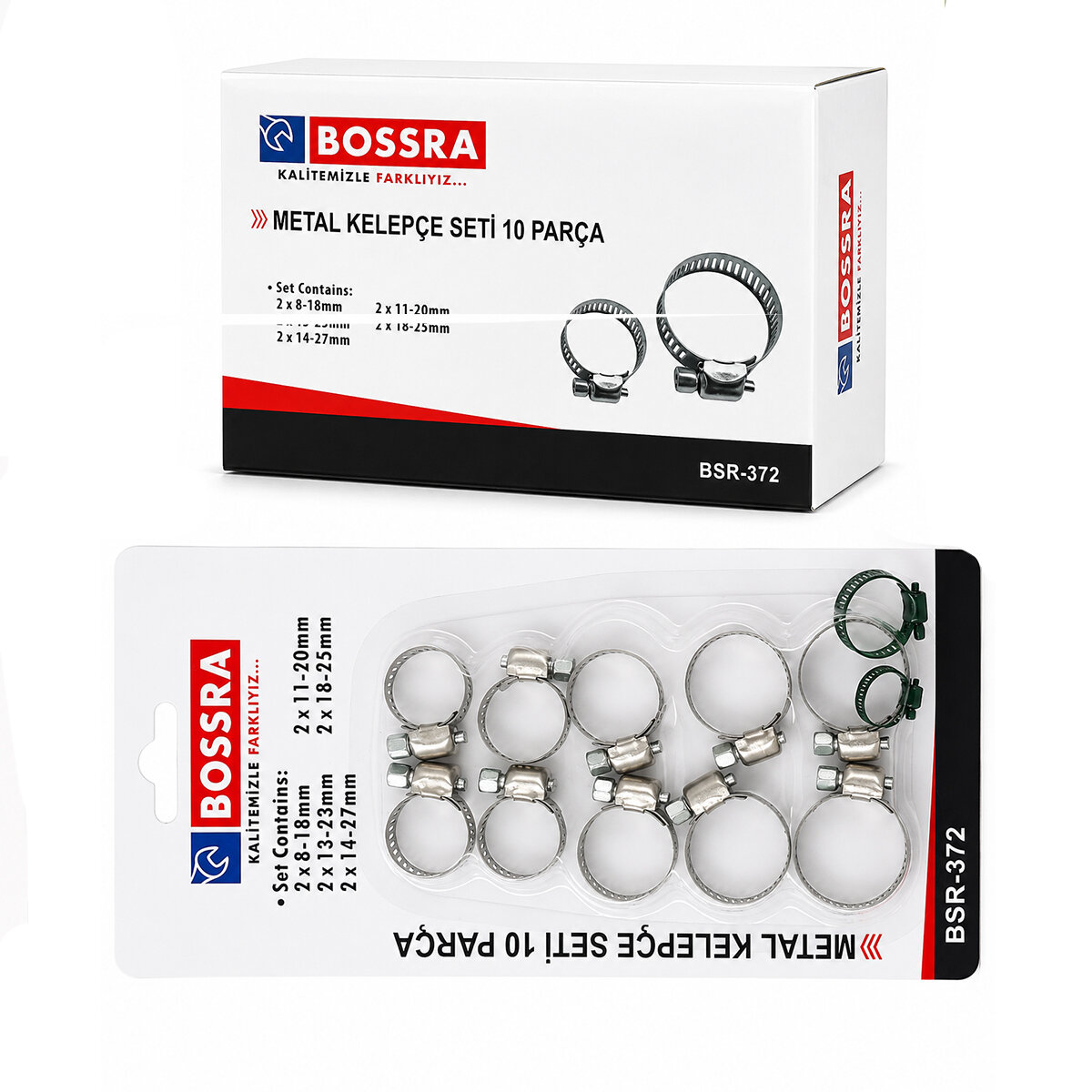BOSSRA BSR-372 ( 10PCS ) METAL HORTUM KELEPÇESİ SET ( 2 ŞER ADET= 8-18MM - 11-20MM - 13-23MM - 18-25MM - 14-27MM )*12X20