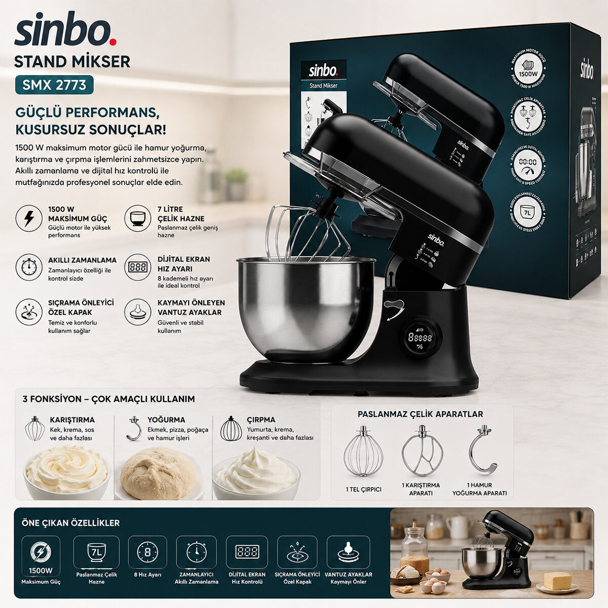 SİNBO SMX-2773 ( SİYAH ) STANDLI MİKSER ( ÇIRPICI & HAMUR YOĞURUCU & KARIŞTIRICI ) ( 8 KADEME HIZ AYAR ) ( 7L ÇELİK HAZNE ) ( 1500W )*1 SİNBO SMX-2773 ( SİYAH ) STANDLI MİKSER ( ÇIRPICI & HAMUR YOĞURUCU & KARIŞTIRICI ) ( 8 KADEME HIZ AYAR ) ( 7L ÇELİK HAZNE ) ( 1500W )*1