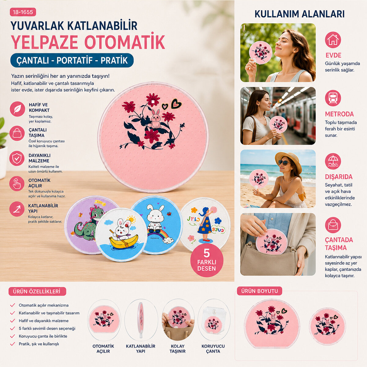 KRD HOME ZZ-796-A-B YUVARLAK KATLANABİLİR YELPAZE OTOMATİK ( ÇANTALI )*100X10