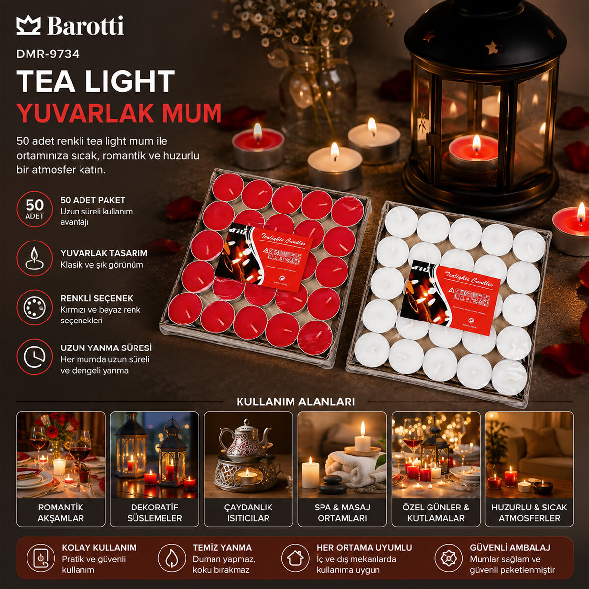 BAROTTİ DMR-9734 ( 50PCS ) ( RENKLİ ) ( YUVARLAK ) TEA LİGHT MUM*40 BAROTTİ DMR-9734 ( 50PCS ) ( RENKLİ ) ( YUVARLAK ) TEA LİGHT MUM*40