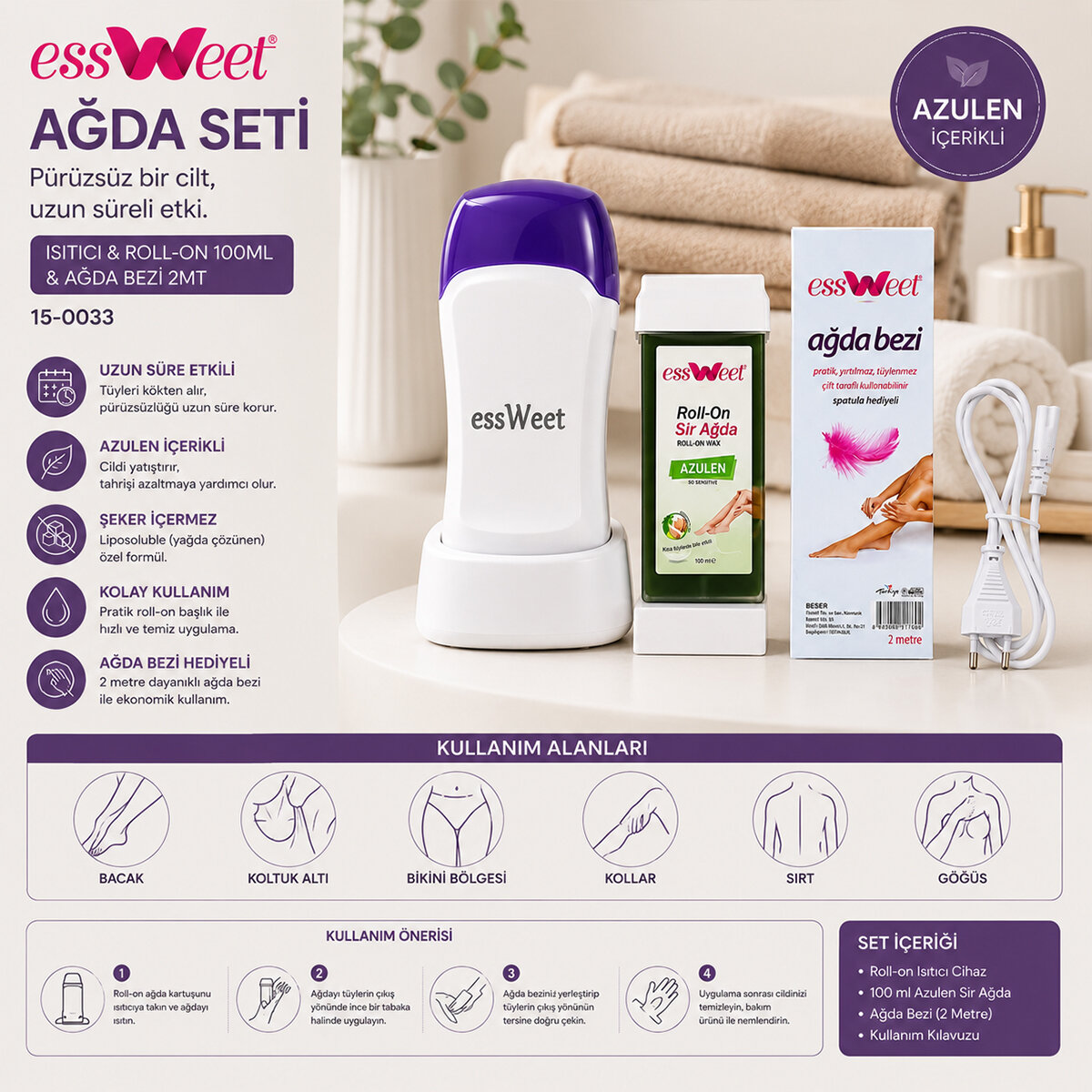 ESSWEET AĞDA SETİ ( ISITICI & ROLL-ON 100ML & AĞDA BEZİ 2MT )*16 ESSWEET AĞDA SETİ ( ISITICI & ROLL-ON 100ML & AĞDA BEZİ 2MT )*16