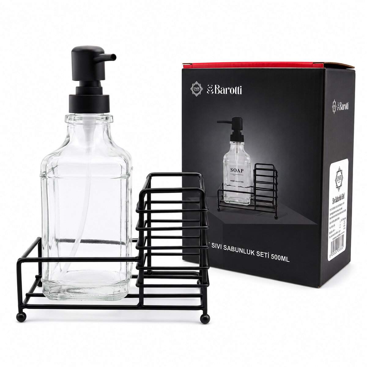 BAROTTİ DMR-9779 ( CAM ŞİŞE & 500ML ) ( SİYAH METAL STAND & SİYAH POMPA ) SIVI SABUNLUK SETİ*24