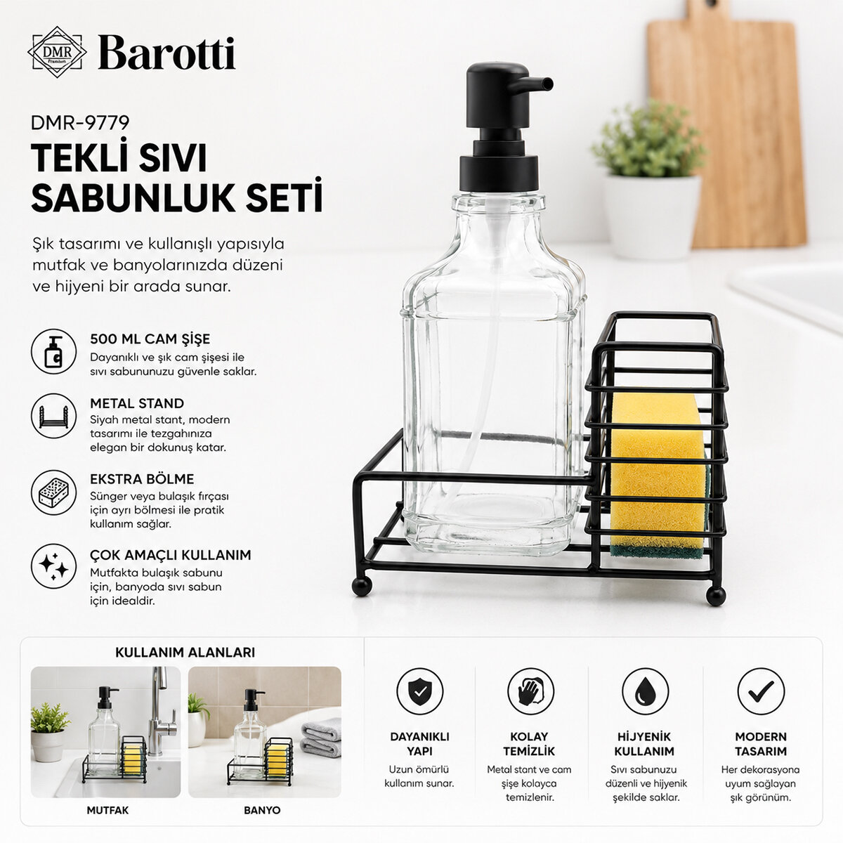 BAROTTİ DMR-9779 ( CAM ŞİŞE & 500ML ) ( SİYAH METAL STAND & SİYAH POMPA ) SIVI SABUNLUK SETİ*24 BAROTTİ DMR-9779 ( CAM ŞİŞE & 500ML ) ( SİYAH METAL STAND & SİYAH POMPA ) SIVI SABUNLUK SETİ*24