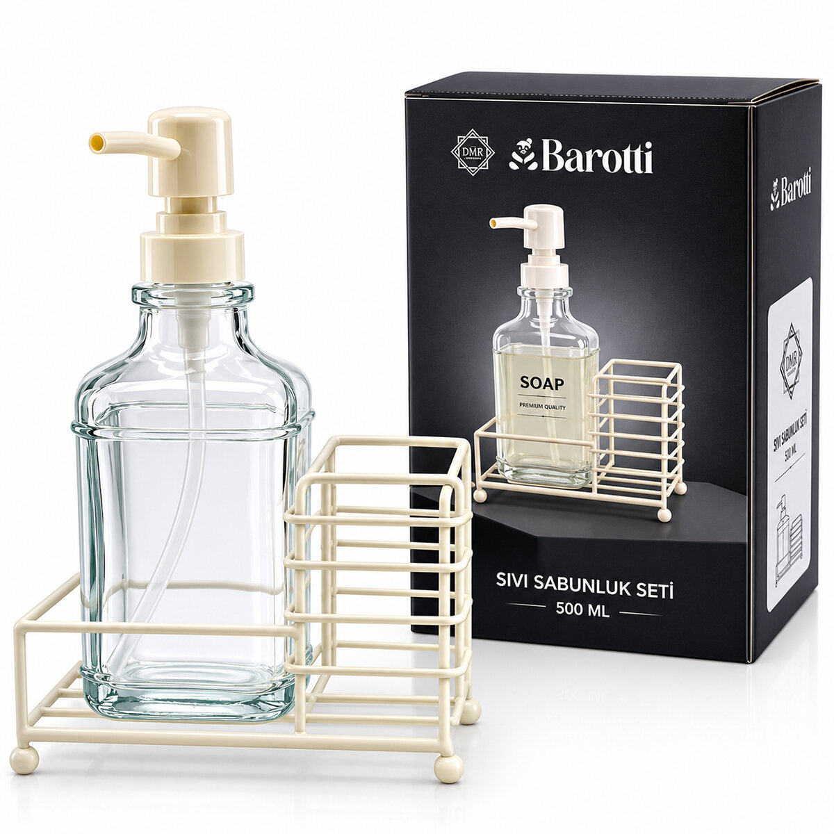 BAROTTİ DMR-9780 ( CAM ŞİŞE & 500ML ) ( BEYAZ METAL STAND & BEYAZ POMPA ) SIVI SABUNLUK SETİ*24