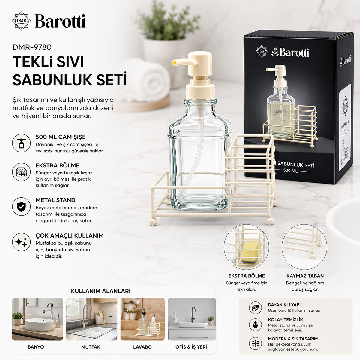 BAROTTİ DMR-9780 ( CAM ŞİŞE & 500ML ) ( BEYAZ METAL STAND & BEYAZ POMPA ) SIVI SABUNLUK SETİ*24 BAROTTİ DMR-9780 ( CAM ŞİŞE & 500ML ) ( BEYAZ METAL STAND & BEYAZ POMPA ) SIVI SABUNLUK SETİ*24