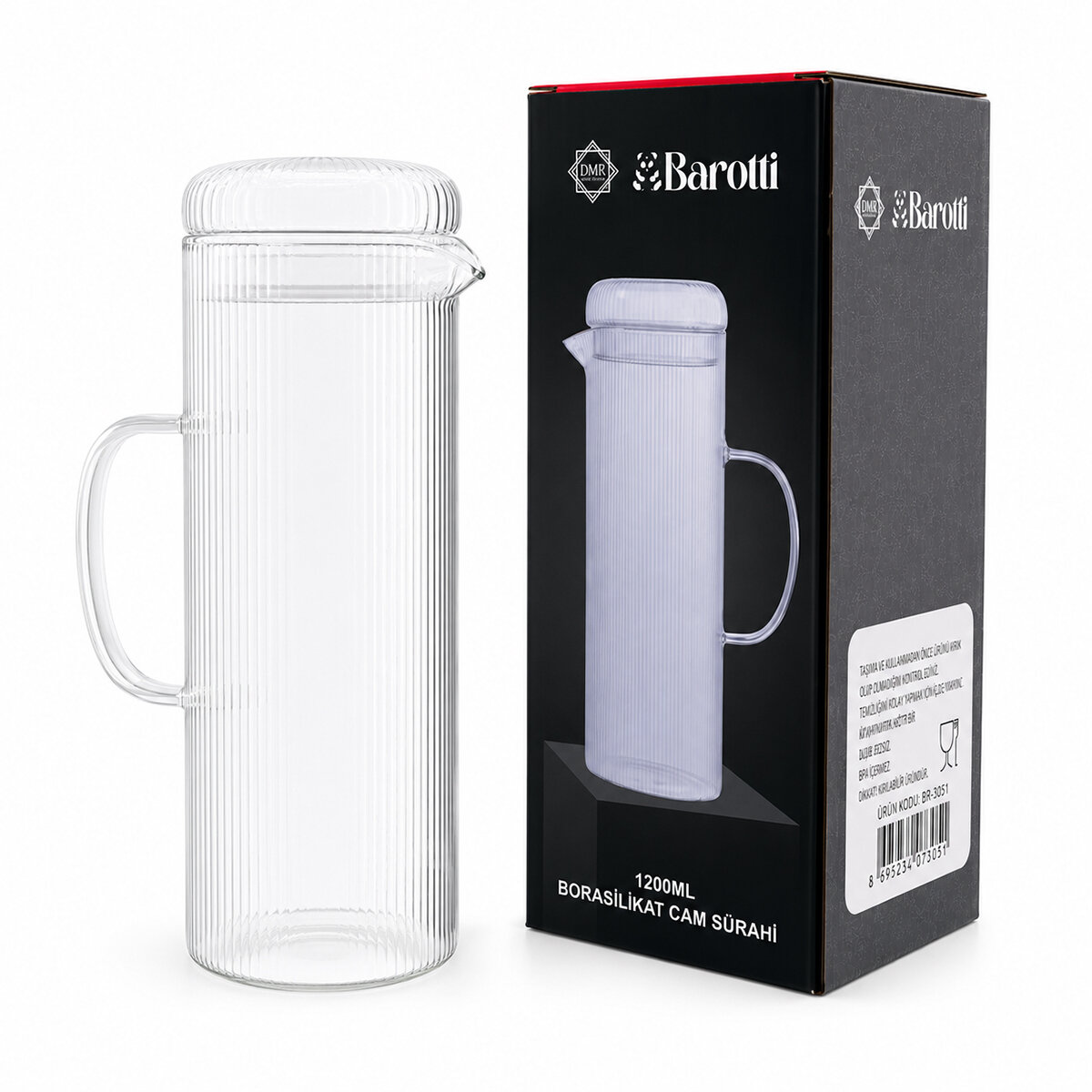 BAROTTİ DMR-9793 ( CAM KAPAKLI & ÇİZGİLİ DESEN ) CAM SÜRAHİ & BOROSİLİKAT ( 1200ML )*12=K