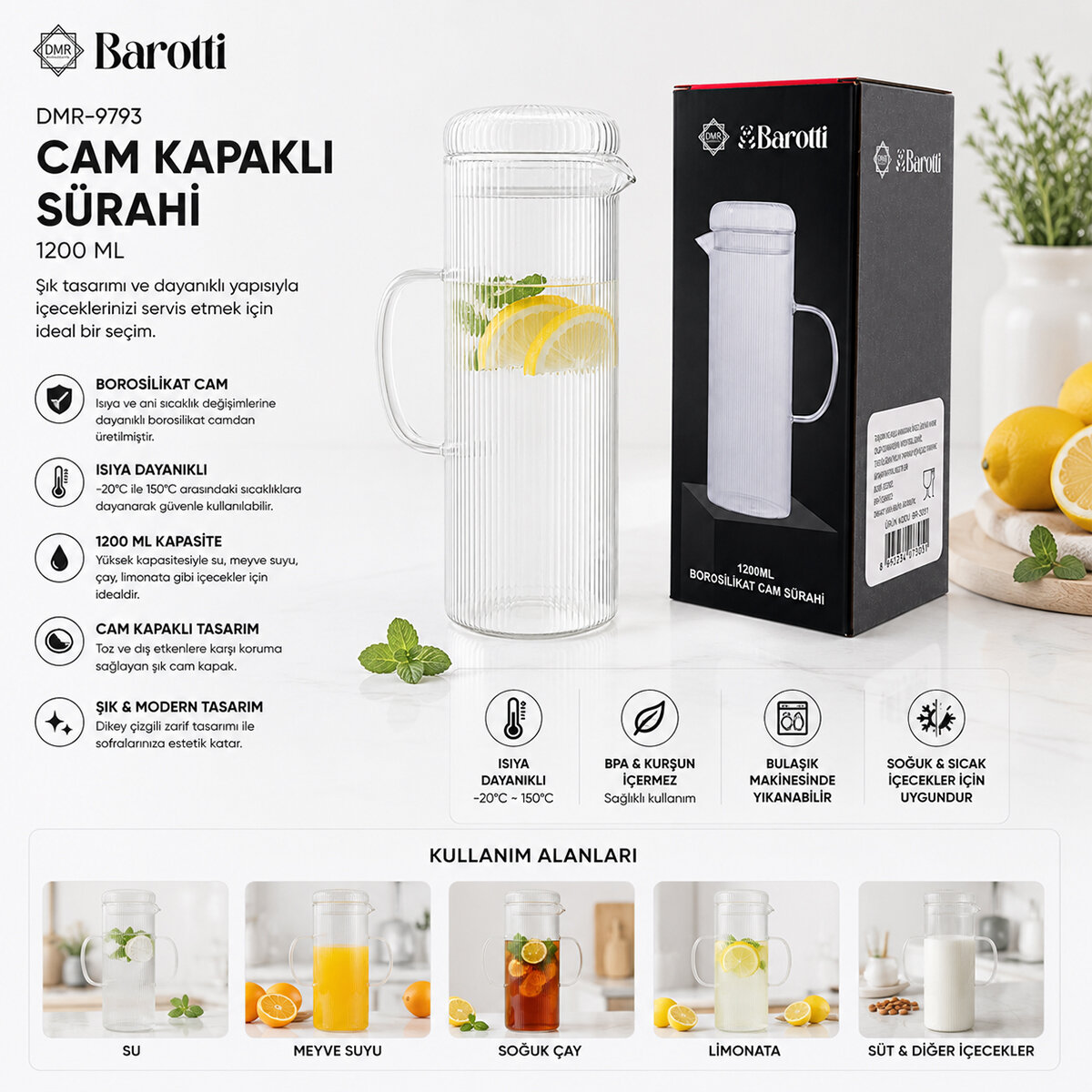 BAROTTİ DMR-9793 ( CAM KAPAKLI & ÇİZGİLİ DESEN ) CAM SÜRAHİ & BOROSİLİKAT ( 1200ML )*12=K BAROTTİ DMR-9793 ( CAM KAPAKLI & ÇİZGİLİ DESEN ) CAM SÜRAHİ & BOROSİLİKAT ( 1200ML )*12=K