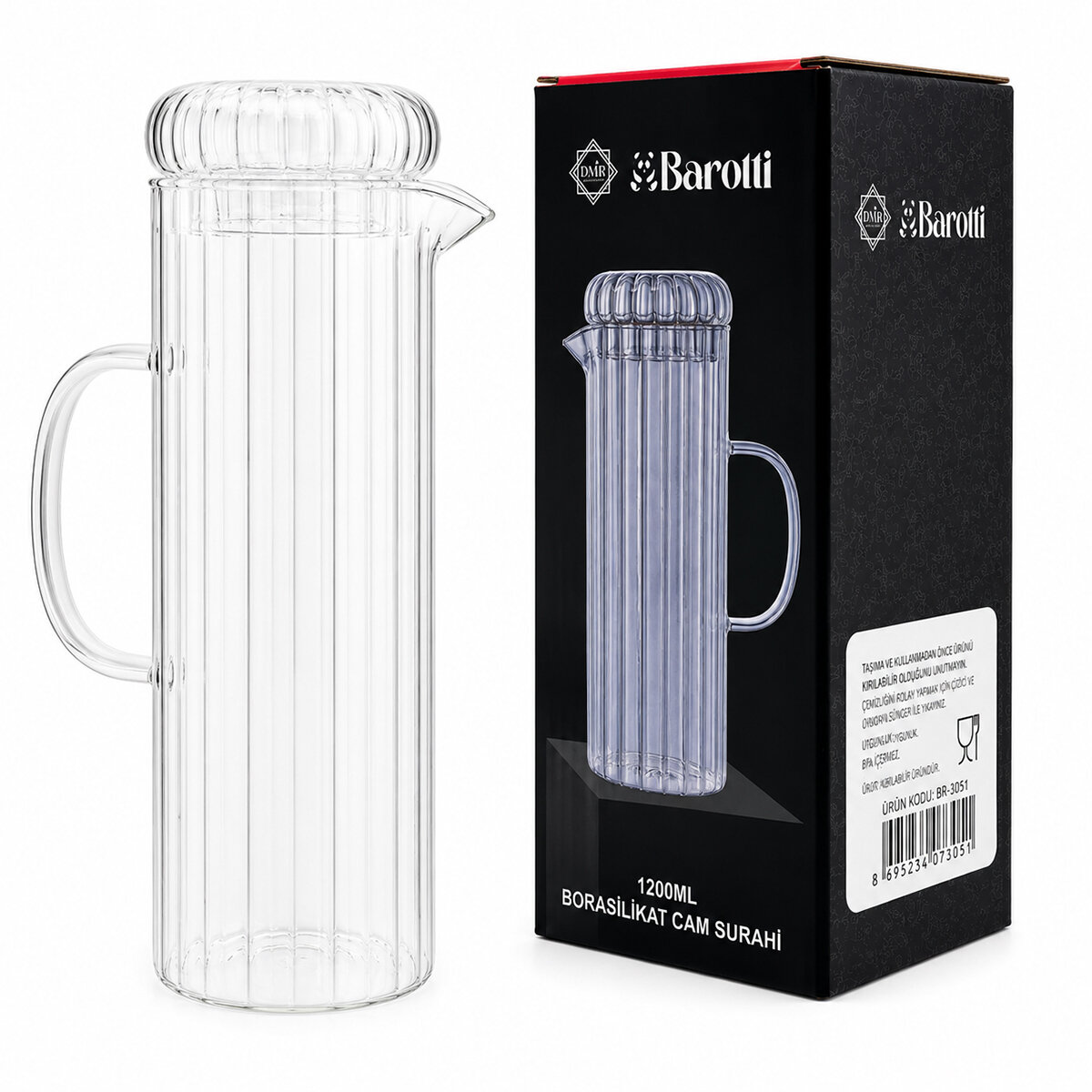 BAROTTİ DMR-9794 ( CAM KAPAKLI ) CAM SÜRAHİ & BOROSİLİKAT ( 1200ML )*12=K