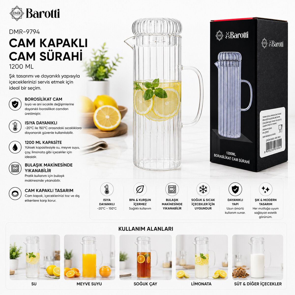 BAROTTİ DMR-9794 ( CAM KAPAKLI ) CAM SÜRAHİ & BOROSİLİKAT ( 1200ML )*12=K BAROTTİ DMR-9794 ( CAM KAPAKLI ) CAM SÜRAHİ & BOROSİLİKAT ( 1200ML )*12=K