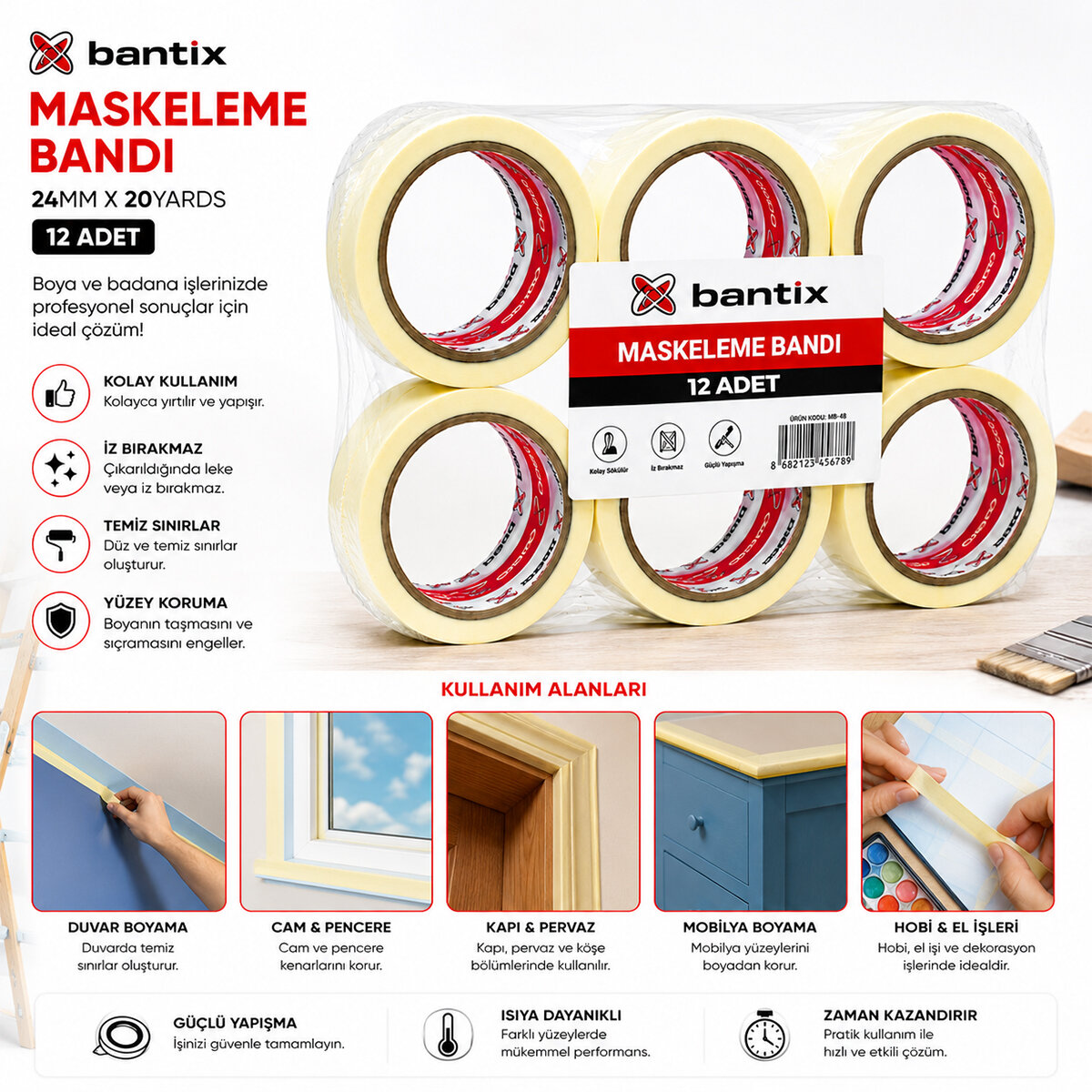 BANTİX ( 24MM X 20YARDS ) MASKELEME BANT ( BANDI )*12X6 BANTİX ( 24MM X 20YARDS ) MASKELEME BANT ( BANDI )*12X6