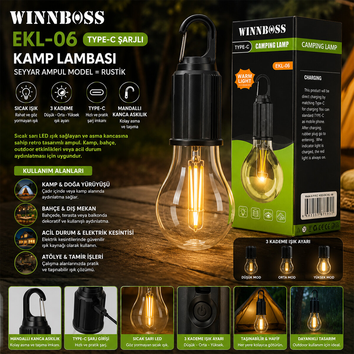 WINNBOSS EKL-06 G-912 ( USB ŞARJLI ) (SEYYAR AMPUL MODEL=RUSTİK) KAMP LAMBASI (MANDALLI KANCA ASKILIK) (3-KADEME IŞIK)*120 WINNBOSS EKL-06 G-912 ( USB ŞARJLI ) (SEYYAR AMPUL MODEL=RUSTİK) KAMP LAMBASI (MANDALLI KANCA ASKILIK) (3-KADEME IŞIK)*120