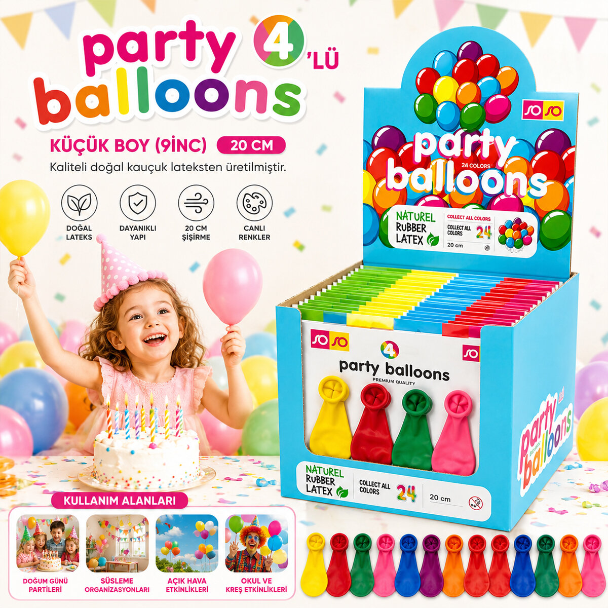 SOSO PARTY BALLOONS ( 4PCS ) KÜÇÜK BOY ( RENKLİ & 20CM ) PARTY BALON*40X15