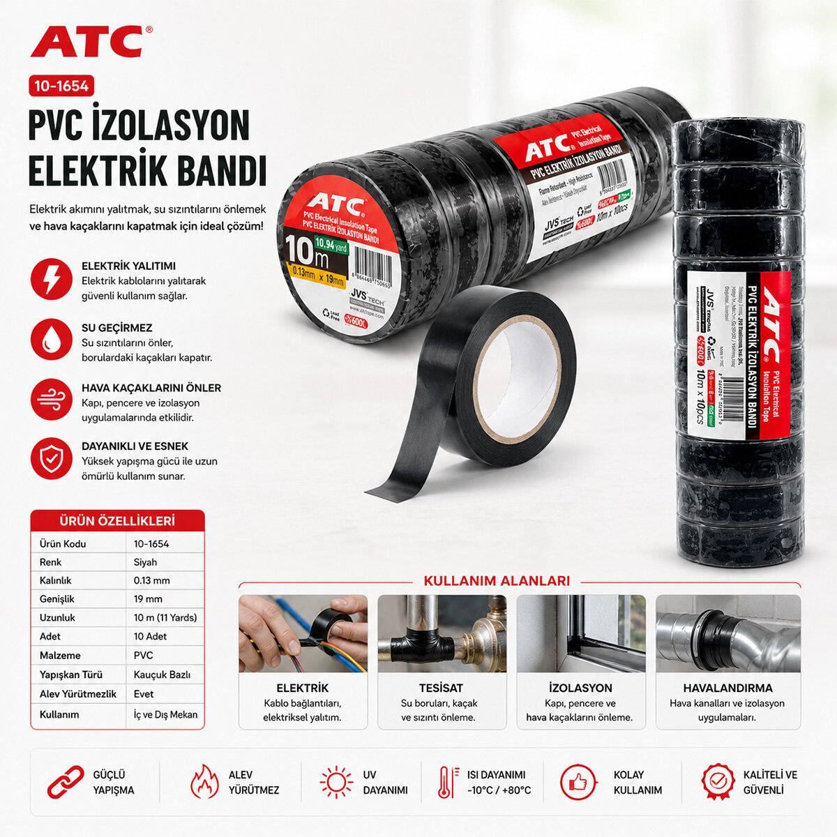 ATC ( LÜX ) ( SİYAH ) PVC İZOLASYON ELEKTRİK BANDI ( 0.13X19X11YDS ) ( 10MM )*10X50 ATC ( LÜX ) ( SİYAH ) PVC İZOLASYON ELEKTRİK BANDI ( 0.13X19X11YDS ) ( 10MM )*10X50
