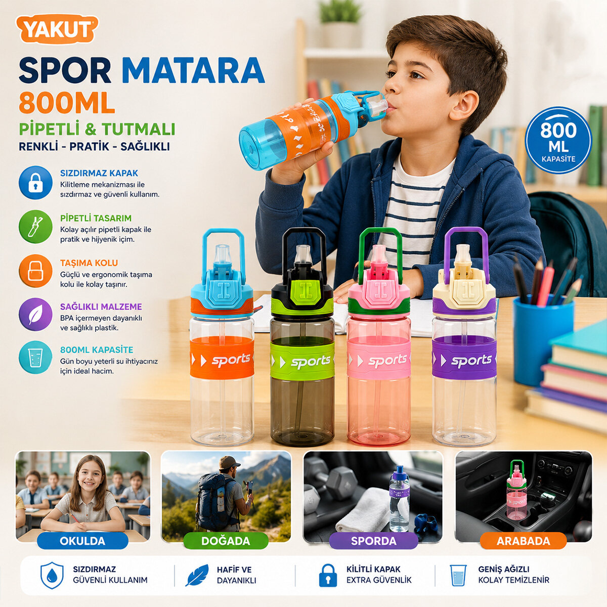 YAKUT-14005 ( RENKLİ & TUTMALI ) ( PLASTİK & PİPETLİ ) SPOR MATARA ( SULUK ) ( 800ML )*50 YAKUT-14005 ( RENKLİ & TUTMALI ) ( PLASTİK & PİPETLİ ) SPOR MATARA ( SULUK ) ( 800ML )*50