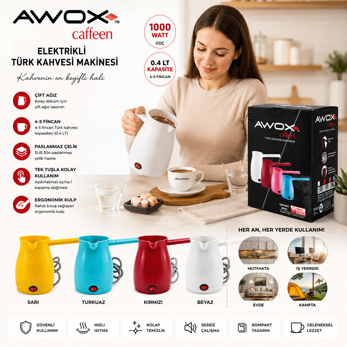AWOX CAFFEEN ( KIRMIZI ) ELEKTRİKLİ CEZVE ( TÜRK KAHVESİ ) MAKİNESİ ( PLASTİK ) ( ÇİFT AĞIZ ) ( 0.4LT & 5 FİNCAN ) ( 1000W )*24 AWOX CAFFEEN ( KIRMIZI ) ELEKTRİKLİ CEZVE ( TÜRK KAHVESİ ) MAKİNESİ ( PLASTİK ) ( ÇİFT AĞIZ ) ( 0.4LT & 5 FİNCAN ) ( 1000W )*24