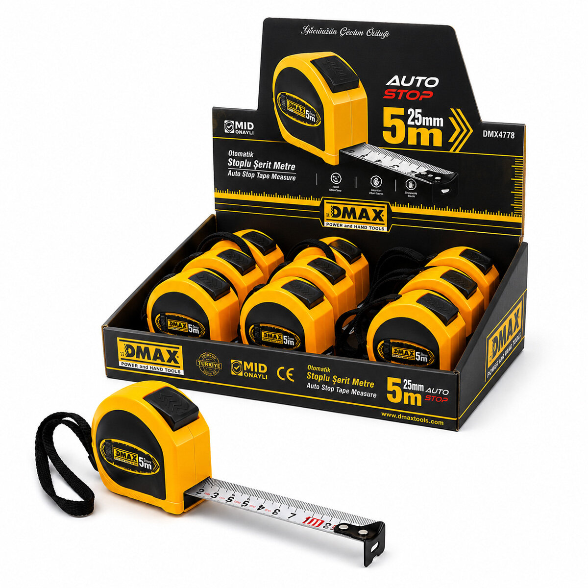 DMAX DMX-4778 ( 5MT X 25MM ) ( OTOMATİK ) ÇELİK ŞERİT METRE ( STOPLU )*12X8