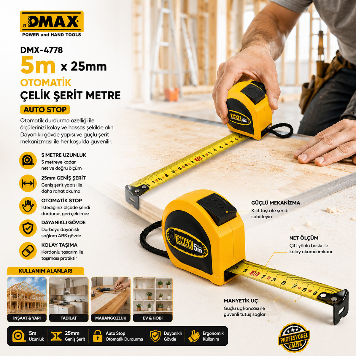 DMAX DMX-4778 ( 5MT X 25MM ) ( OTOMATİK ) ÇELİK ŞERİT METRE ( STOPLU )*12X8 DMAX DMX-4778 ( 5MT X 25MM ) ( OTOMATİK ) ÇELİK ŞERİT METRE ( STOPLU )*12X8