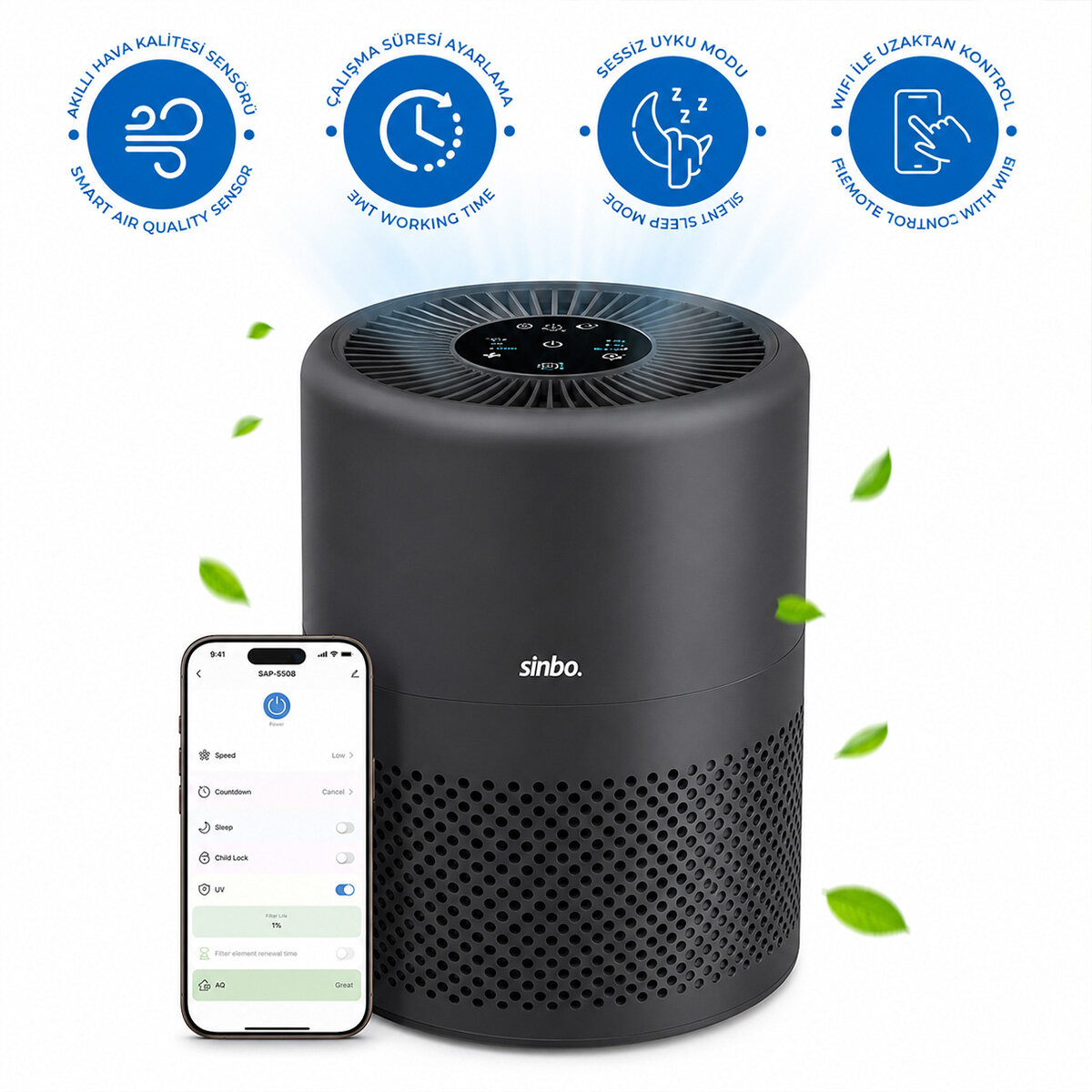 SİNBO SAP-5508 HAVA TEMİZLEME CİHAZI ( ANTRASİT GRİ ) ( 3 KADEME FİLTRELEME ) ( OTOMATİK FAN ) ( UV AYDINLATMA ) ( SESSİZ UYKU MOD ) ( WİFİ UZAKTAN KONTROL )*2