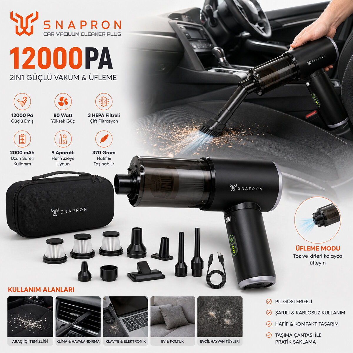 SNAPRON SNV-3002 ( OTO ARAÇ & 2IN1 ) ( ŞARJLI ) ( 80W & 12000PA ) ( 9 BAŞLIK & 3 FİLTRE ) EL TİPİ BASINÇLI HAVA ÜFLEME & ARAÇ SÜPÜRGE MAKİNESİ ( TAŞIMA ÇANTALI )*24