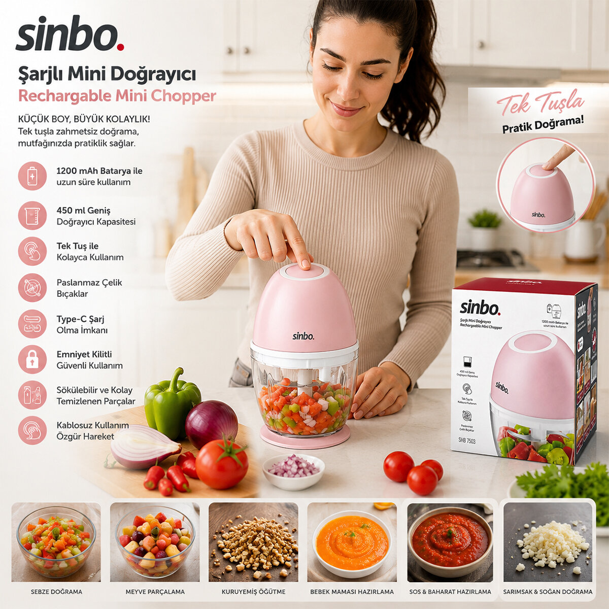 SİNBO SHB-7503 ŞARJLI MİNİ DOĞRAYICI BLENDER ( 450ML )*12 SİNBO SHB-7503 ŞARJLI MİNİ DOĞRAYICI BLENDER ( 450ML )*12