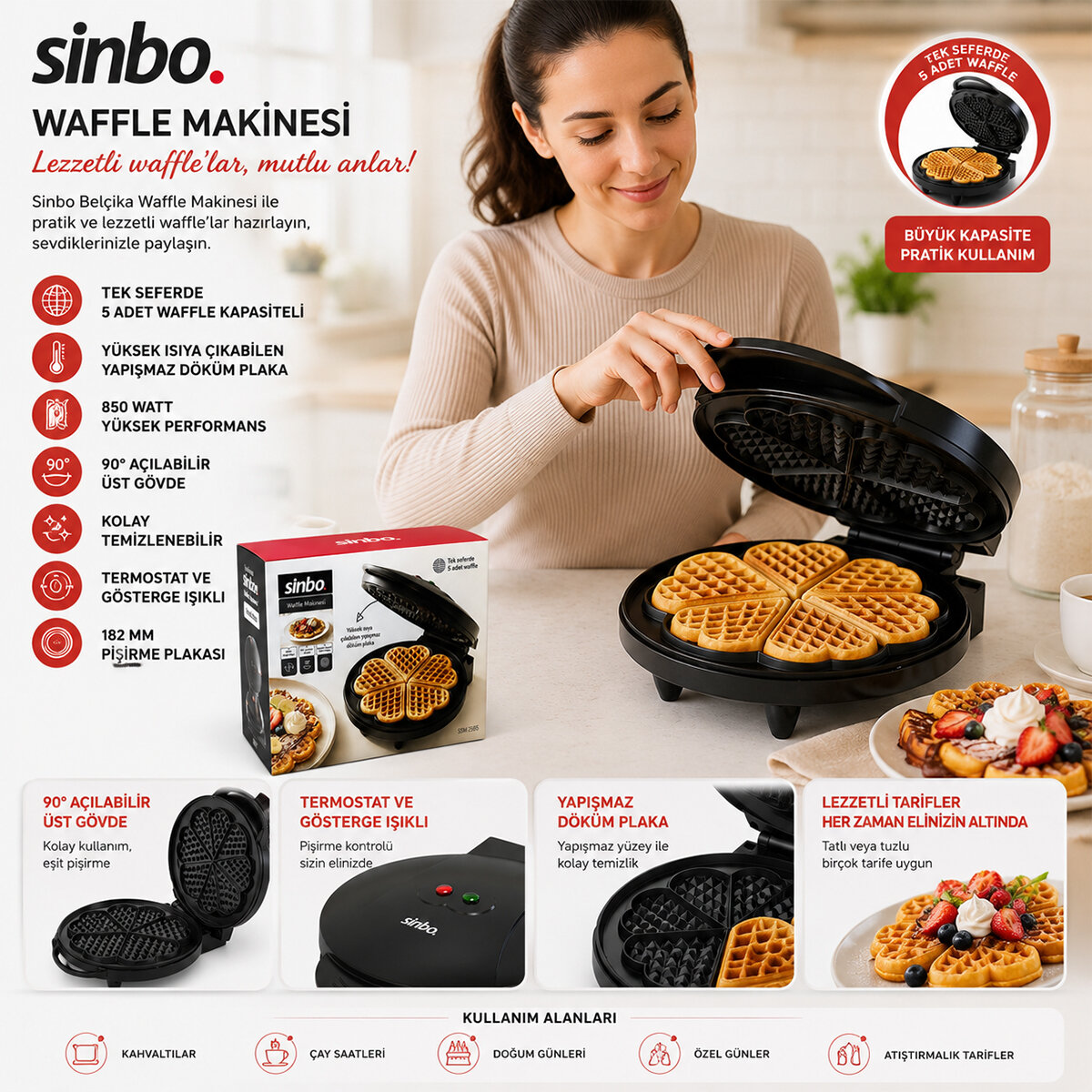 SİNBO SSM-2595 ( DÖKÜM ) BELÇİKA WAFFLE MAKİNESİ ( ELEKTRİKLİ ) ( 5 WAFFLE ) ( YAPIŞMAZ YÜZEY ) ( 850W )*8 SİNBO SSM-2595 ( DÖKÜM ) BELÇİKA WAFFLE MAKİNESİ ( ELEKTRİKLİ ) ( 5 WAFFLE ) ( YAPIŞMAZ YÜZEY ) ( 850W )*8