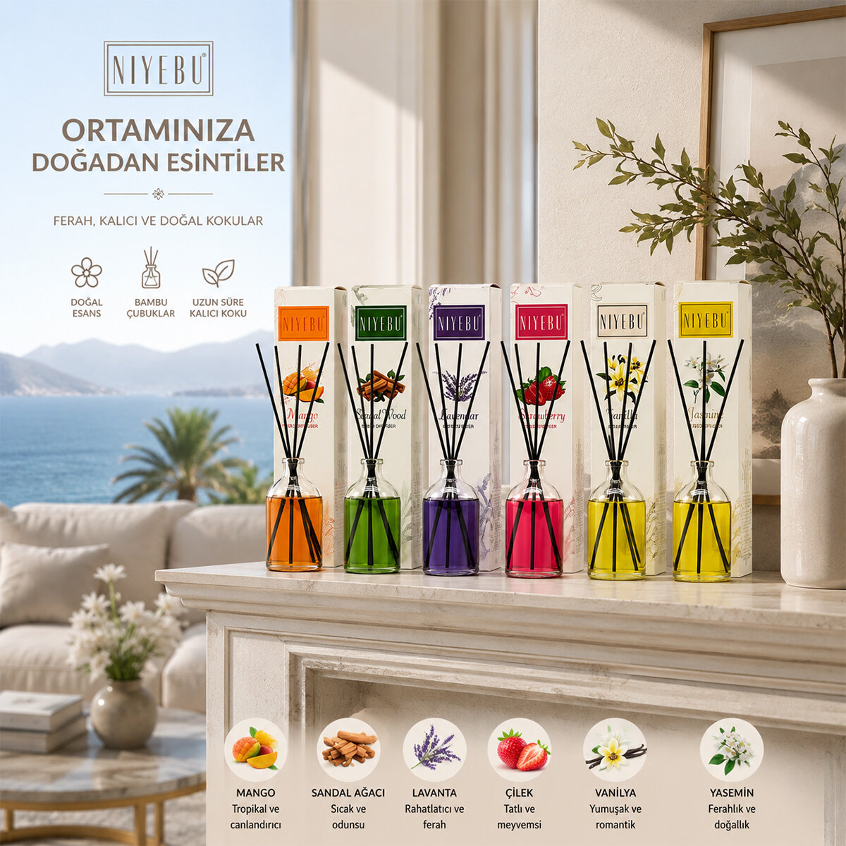 NİYEBU ( 100ML ) ( 4-ÇUBUKLU ) ORTAM & BAMBU KOKUSU ( CAM ŞİŞE ) ( MİX KOKU)*24X1 NİYEBU ( 100ML ) ( 4-ÇUBUKLU ) ORTAM & BAMBU KOKUSU ( CAM ŞİŞE ) ( MİX KOKU)*24X1