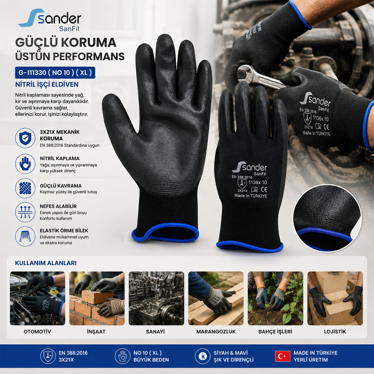 SANDER G-111330 ( NO 10 ) ( XL ) ( SİYAH & MAVİ BAŞLIK ) NİTRİL İŞÇİ ELDİVEN*10X10 SANDER G-111330 ( NO 10 ) ( XL ) ( SİYAH & MAVİ BAŞLIK ) NİTRİL İŞÇİ ELDİVEN*10X10