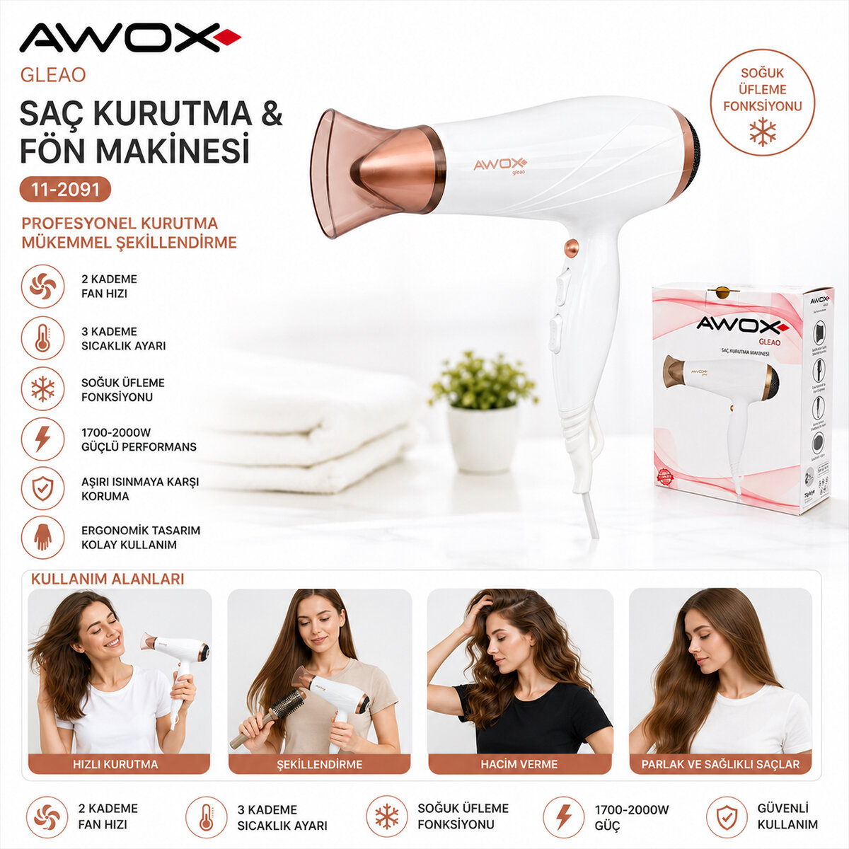 AWOX GLEAO ( BEYAZ ) SAÇ KURUTMA & FÖN MAKİNESİ ( SOĞUK ÜFLEME ) ( 2 KADEME FAN & 3 KADEME SICAKLIK ) ( 1700-2000W )*12